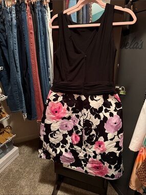 Ralph Lauren Black Bodice Pink & Lavender Floral Midi Dress